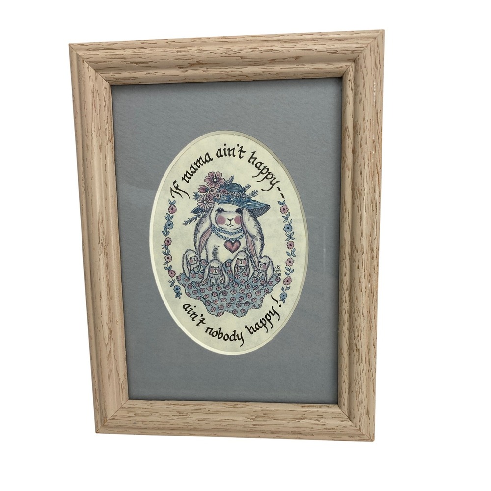Vintage Creative Calligraphy Framed Art If Mama Aint Happy Bunny Rabbit Decor